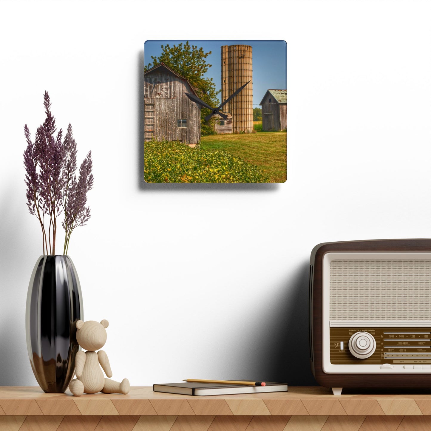 U R There Photography Swaffer Mini Greys and Silos Rustic Farmhouse Acrylic Analog Wall Clock
