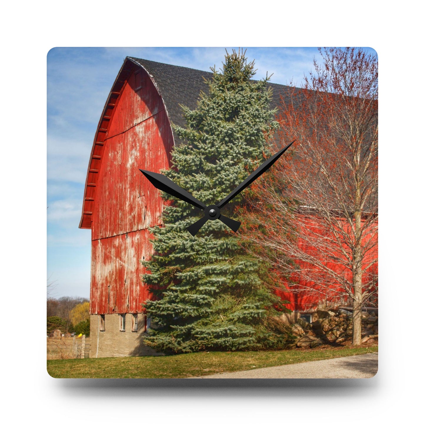 U R There Photography West Sutton Road Red Rustic Farmhouse Acrylic Analog Wall Clock
