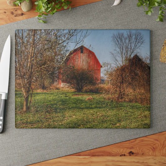 U R There Photography Columbiaville Red in November Rustic Farmhouse Tempered-Glass Cutting Board