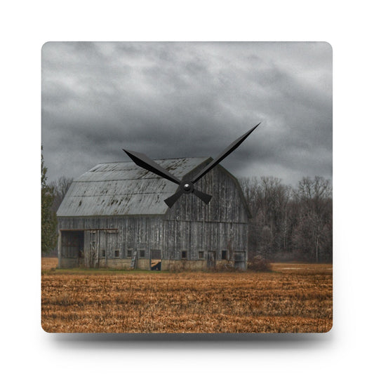 Grey Barn and Tree Rustic Farmhouse Acrylic Analog Wall Clock 10.75'' × 10.75'' (Square)