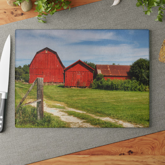 U R There Photography South Oak Road Reds I Rustic Farmhouse Tempered-Glass Cutting Board