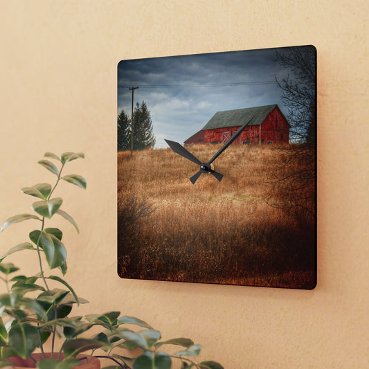U R There Photography Grey Road Hillside Red II Rustic Farmhouse Acrylic Analog Wall Clock
