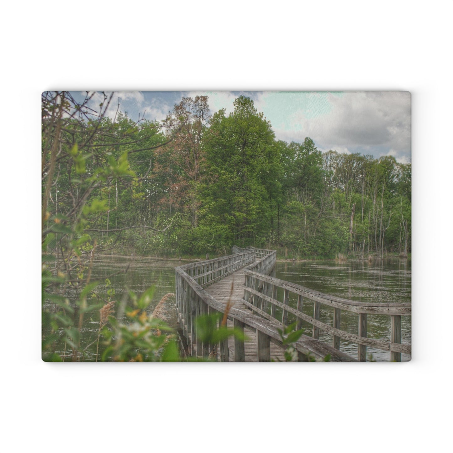 U R There Photography Linear Park Bridge in Lapeer I Rustic Farmhouse Tempered-Glass Cutting Board