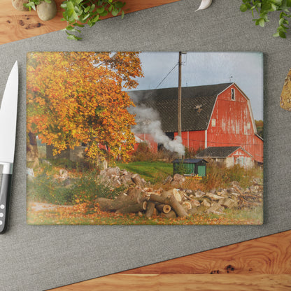 U R There Photography Greenwood Road Red in the Fall Rustic Farmhouse Tempered-Glass Cutting Board
