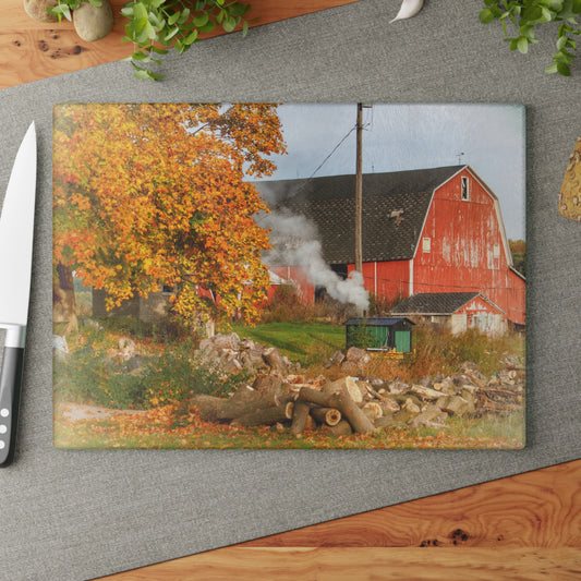 U R There Photography Greenwood Road Red in the Fall Rustic Farmhouse Tempered-Glass Cutting Board