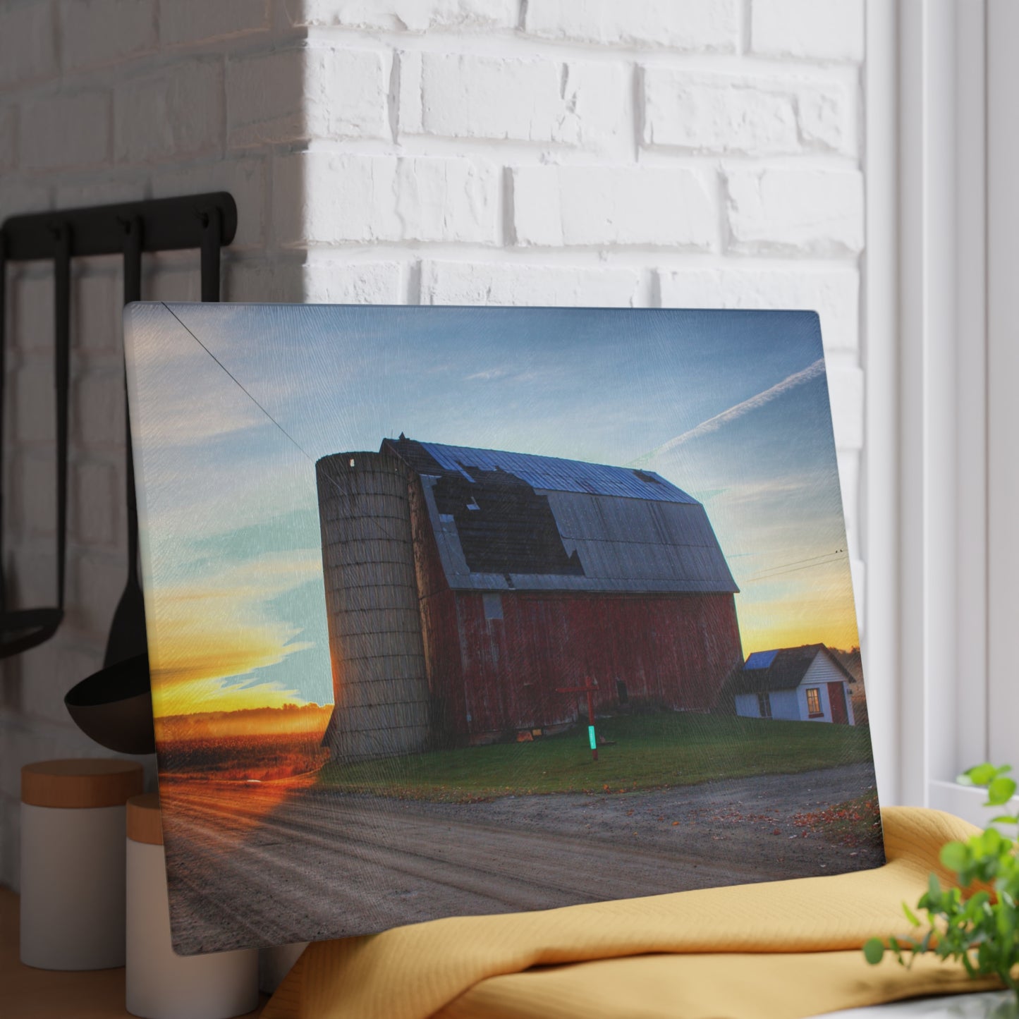 U R There Photography Haines Road Red at Sunrise Rustic Farmhouse Tempered-Glass Cutting Board