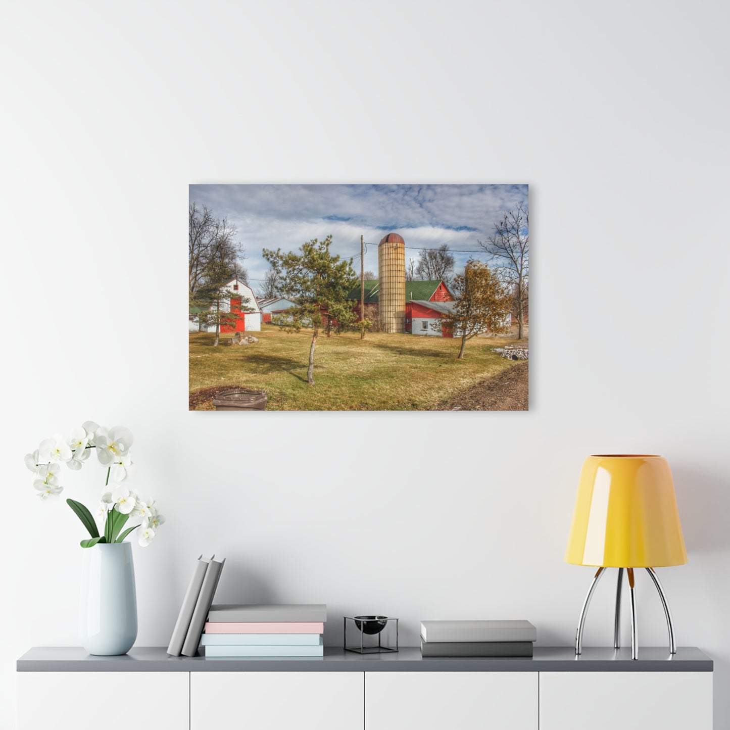 U R There Photography Newark Road Red and Silos I Rustic Farmhouse Acrylic Wall Print