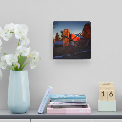 U R There Photography Mount Morris Road Reds and Silo in Winter Rustic Farmhouse Acrylic Analog Wall Clock