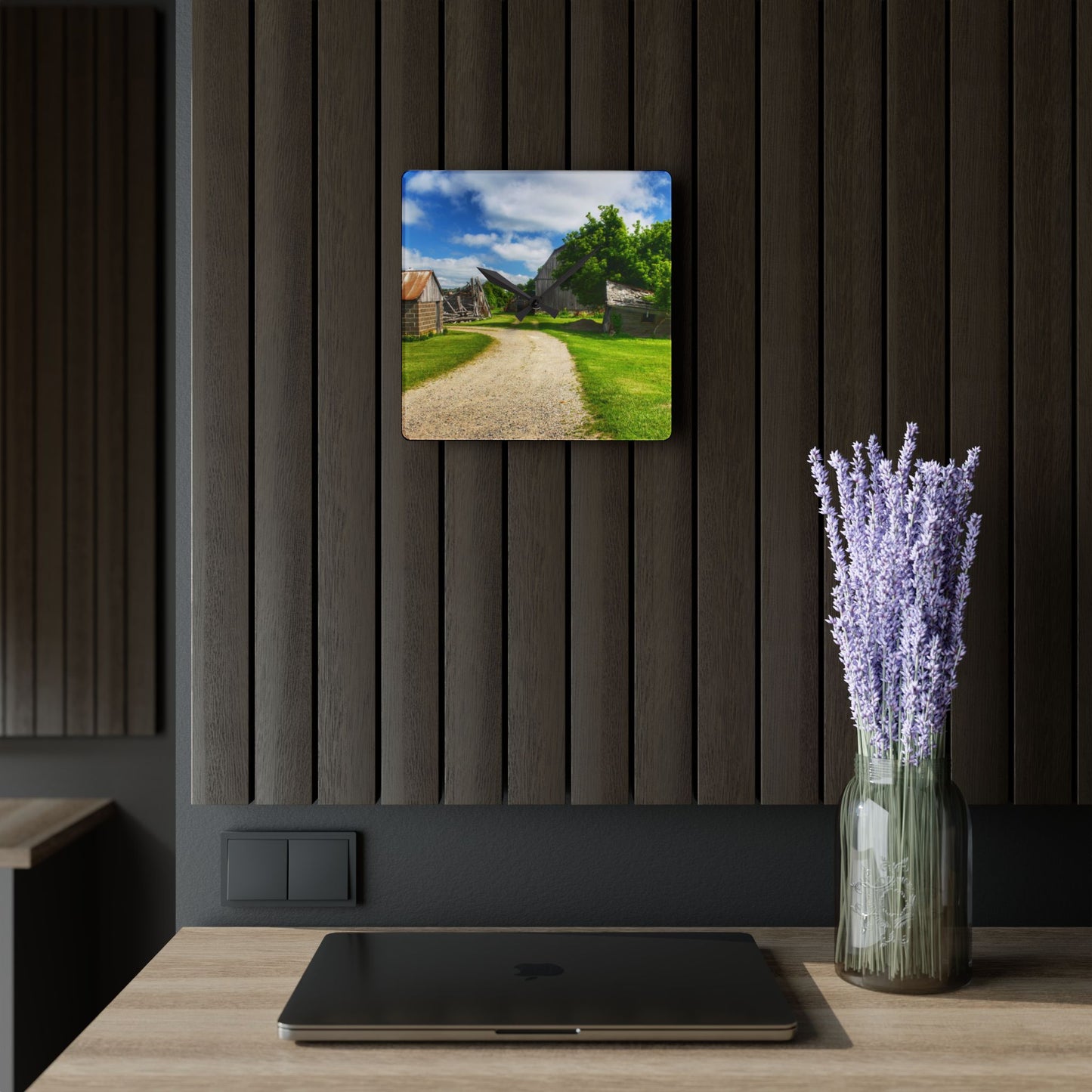 U R There Photography Brown City Road Barn and Buddy II Rustic Farmhouse Acrylic Analog Wall Clock