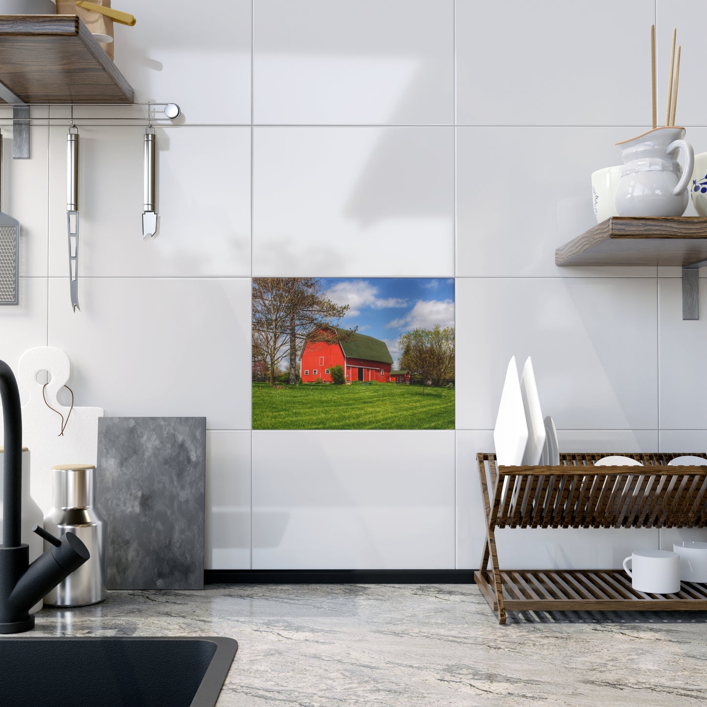 U R There Photography Barber Road Red Rustic Farmhouse Decorative Ceramic Tile 6" × 8" Glossy