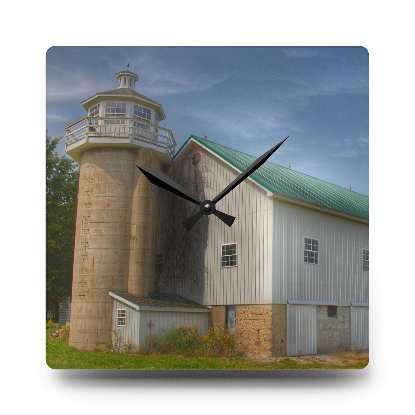 U R There Photography Phelps Road Lighthouse Barn I Rustic Farmhouse Acrylic Analog Wall Clock