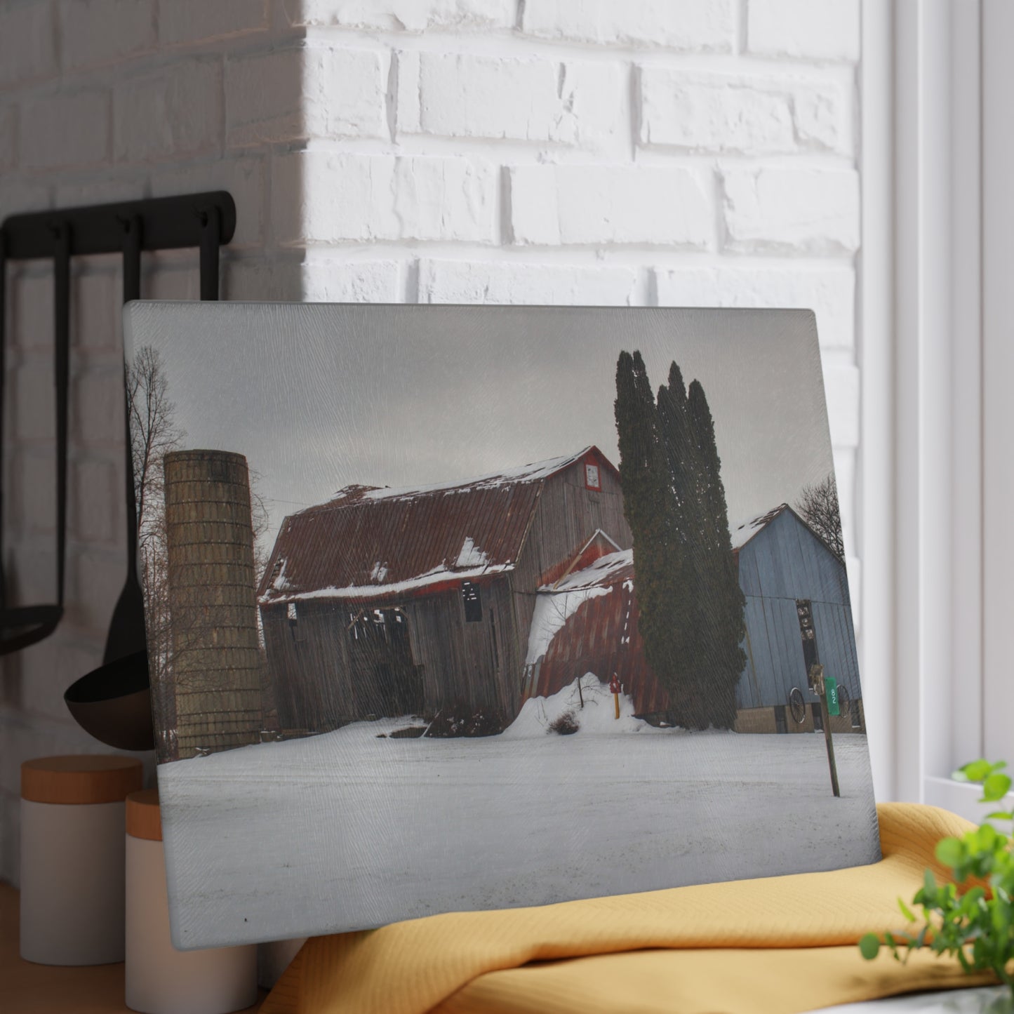 U R There Photography Unionville Grey Rustic Farmhouse Tempered-Glass Cutting Board