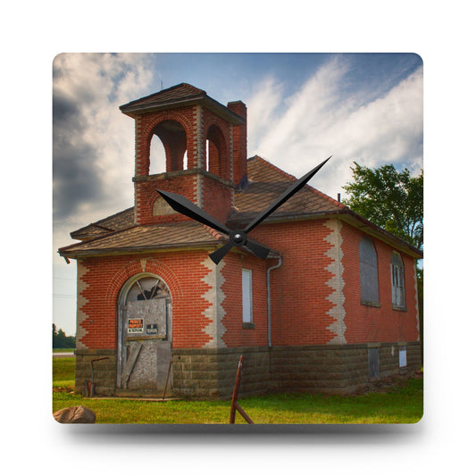 North Grove Road Schoolhouse I Rustic Farmhouse Acrylic Analog Wall Clock 10.75'' × 10.75'' (Square)
