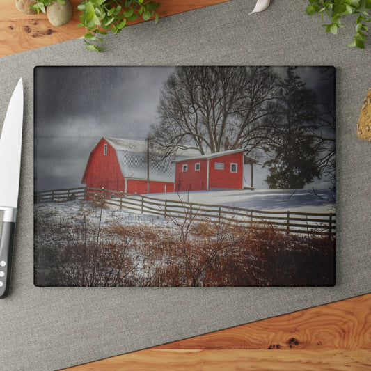 U R There Photography Catlin Red and Fence I Rustic Farmhouse Tempered-Glass Cutting Board