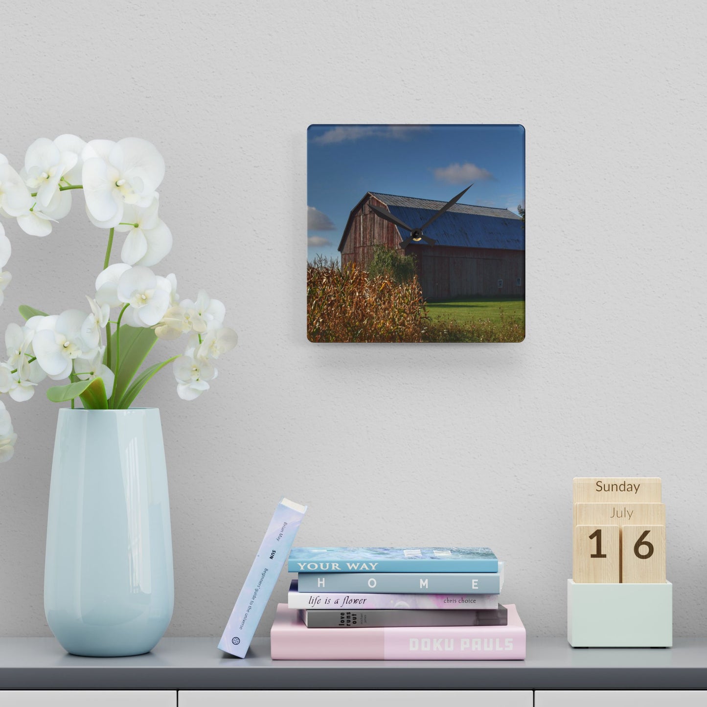 U R There Photography Croswell Fargo Road Red Rustic Farmhouse Acrylic Analog Wall Clock