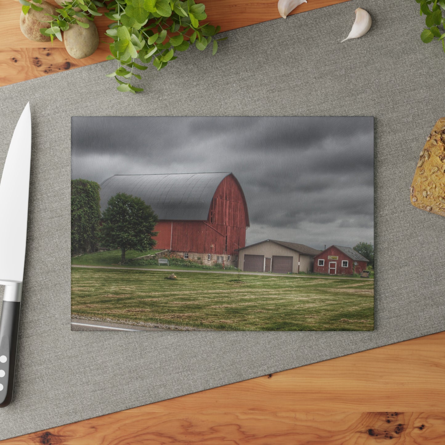 U R There Photography M-24 Country Bench Barn Rustic Farmhouse Tempered-Glass Cutting Board