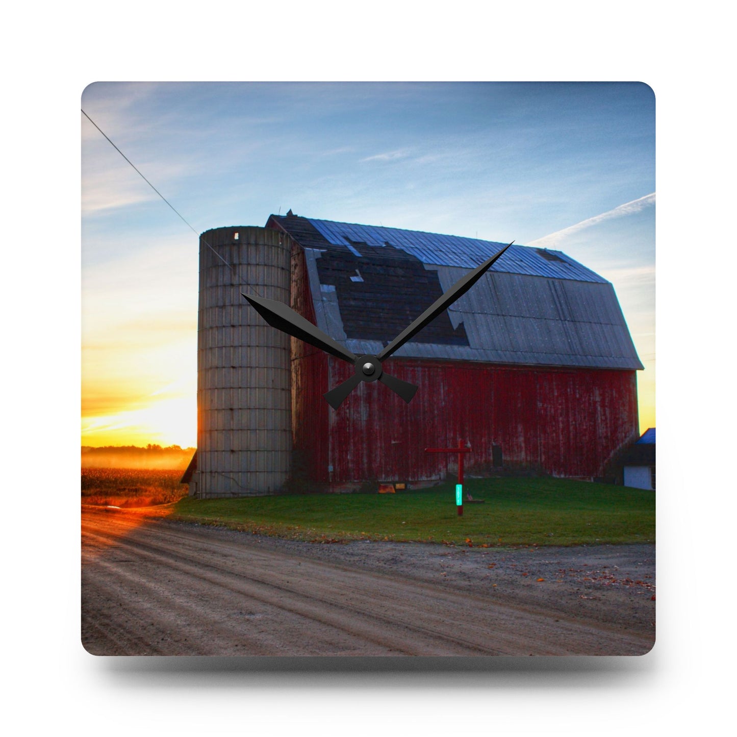U R There Photography Haines Road Red at Sunrise Rustic Farmhouse Acrylic Analog Wall Clock