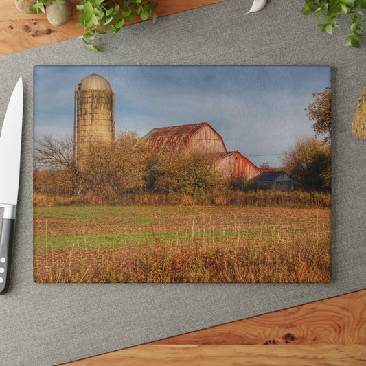U R There Photography Cade Road Red and Silo Rustic Farmhouse Tempered-Glass Cutting Board