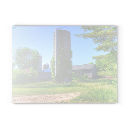 U R There Photography Bordman Road Old Grey and Silo II Rustic Farmhouse Tempered-Glass Cutting Board
