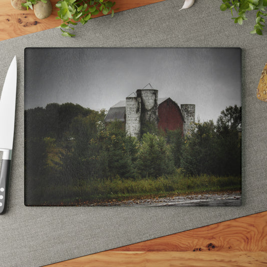 U R There Photography Castle Road Red and Silos in the Rain Rustic Farmhouse Tempered-Glass Cutting Board