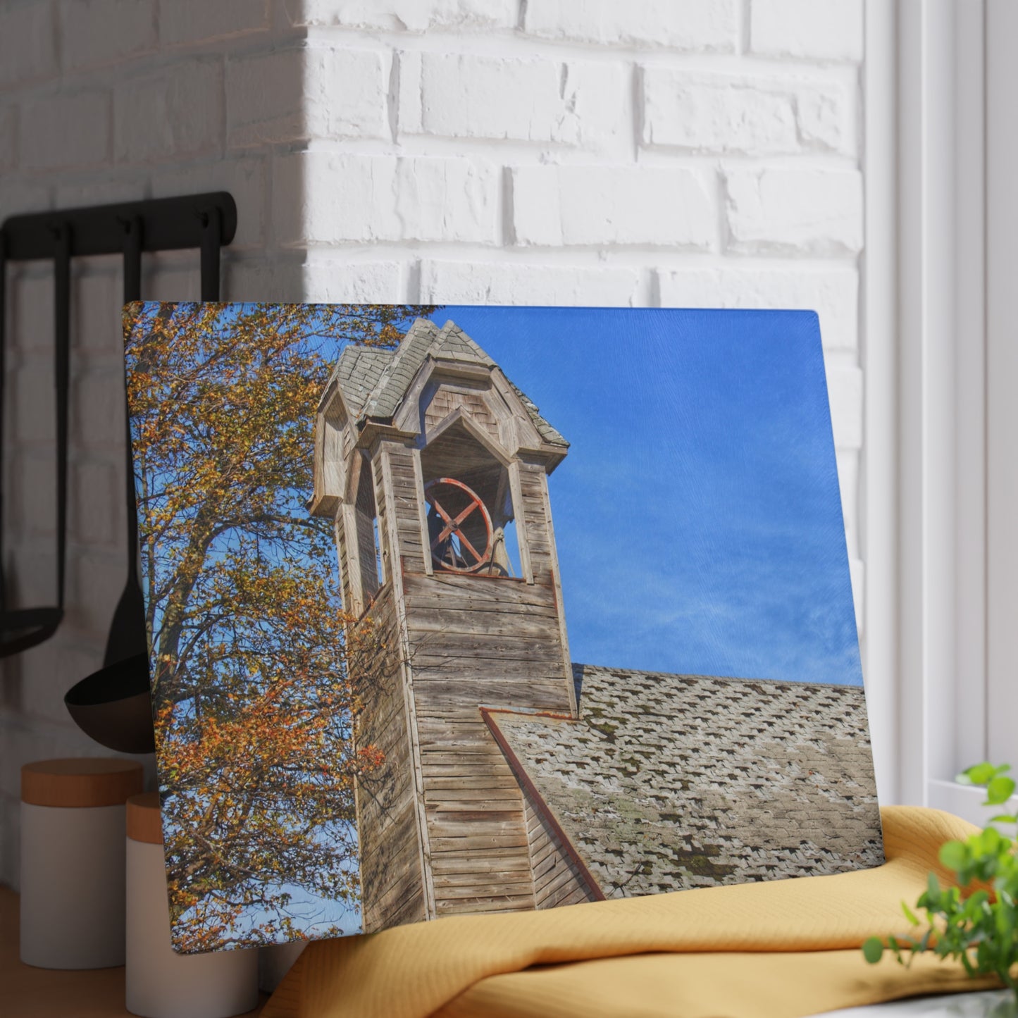 U R There Photography Schoolhouse of Marlette Road II Rustic Farmhouse Tempered-Glass Cutting Board