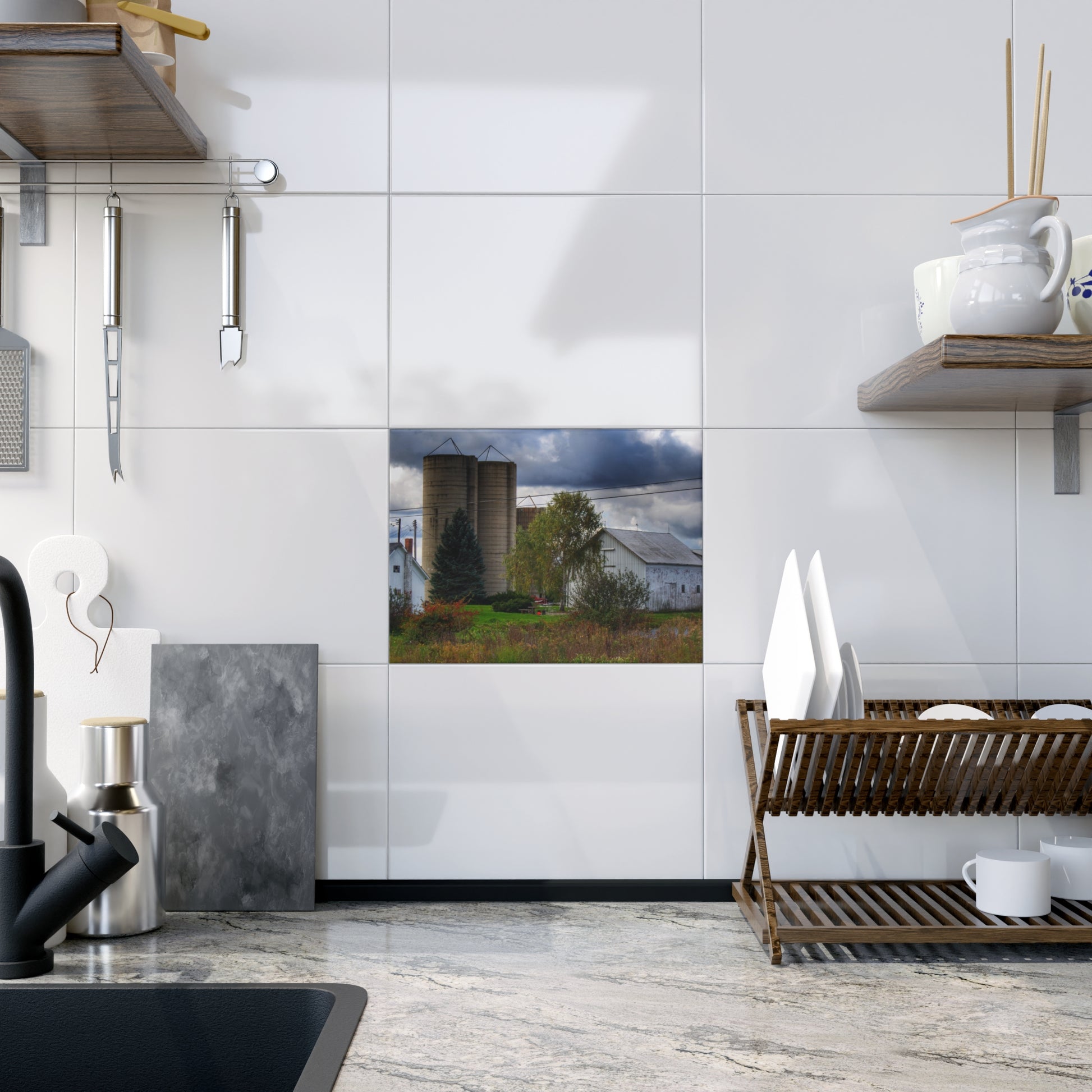 U R There Photography Baldwin White and Silos Rustic Farmhouse Decorative Ceramic Tile 6" × 8" Glossy
