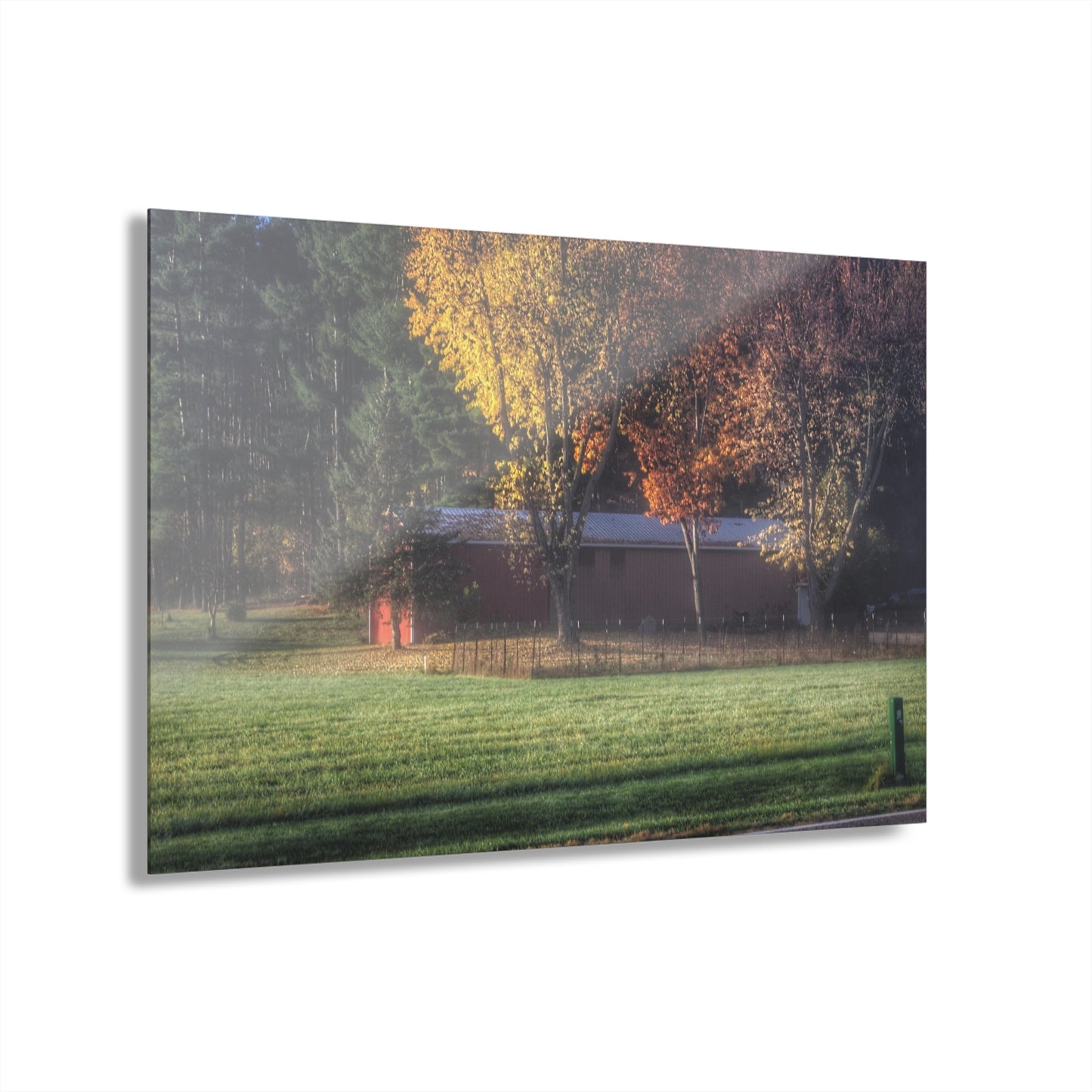 Barn Boutique Modern Farmhouse Acrylic Wall Print| Red Barn on a Foggy Fall Morning