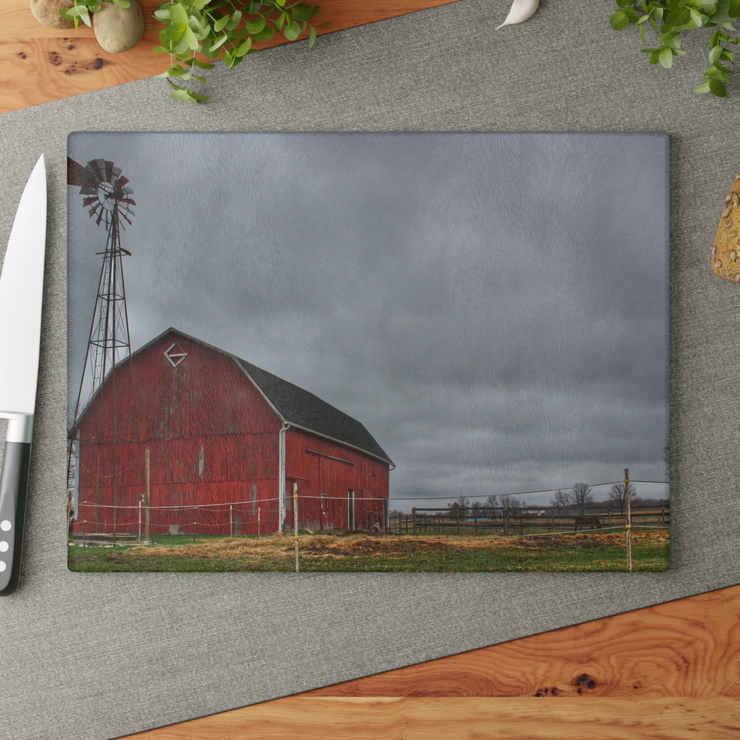 U R There Photography West Lake Road Red Barn and Windmill Rustic Farmhouse Tempered-Glass Cutting Board