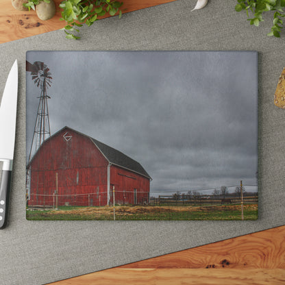 U R There Photography West Lake Road Red Barn and Windmill Rustic Farmhouse Tempered-Glass Cutting Board