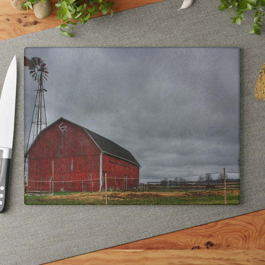 U R There Photography West Lake Road Red Barn and Windmill Rustic Farmhouse Tempered-Glass Cutting Board