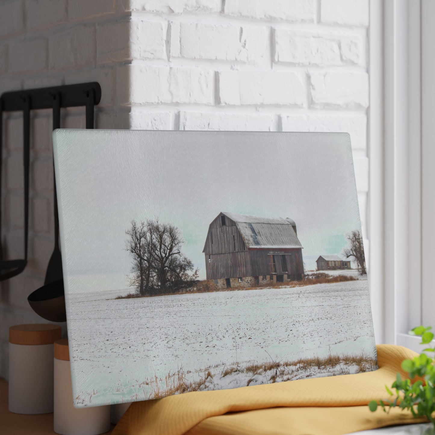 U R There Photography Frenchline Road Grey in Winter Rustic Farmhouse Tempered-Glass Cutting Board