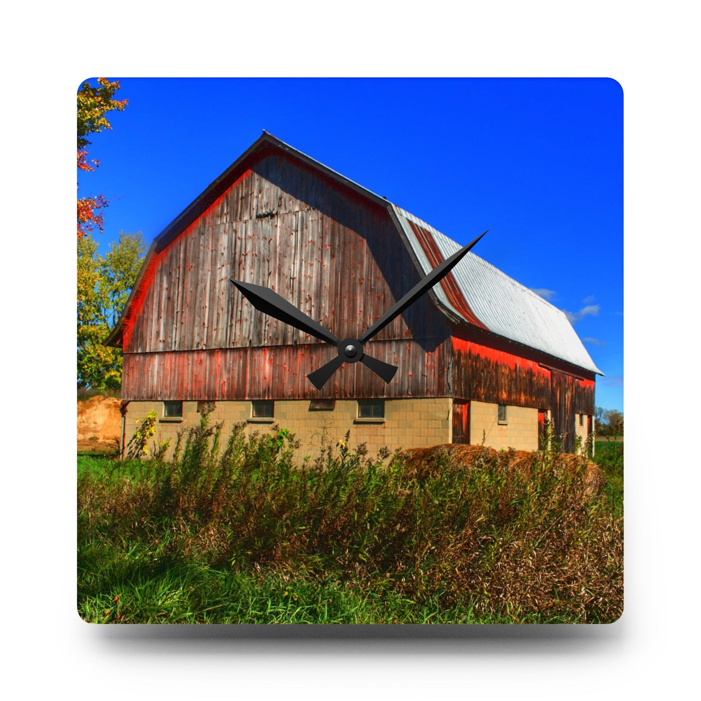 U R There Photography Byington Road Red II Rustic Farmhouse Acrylic Analog Wall Clock