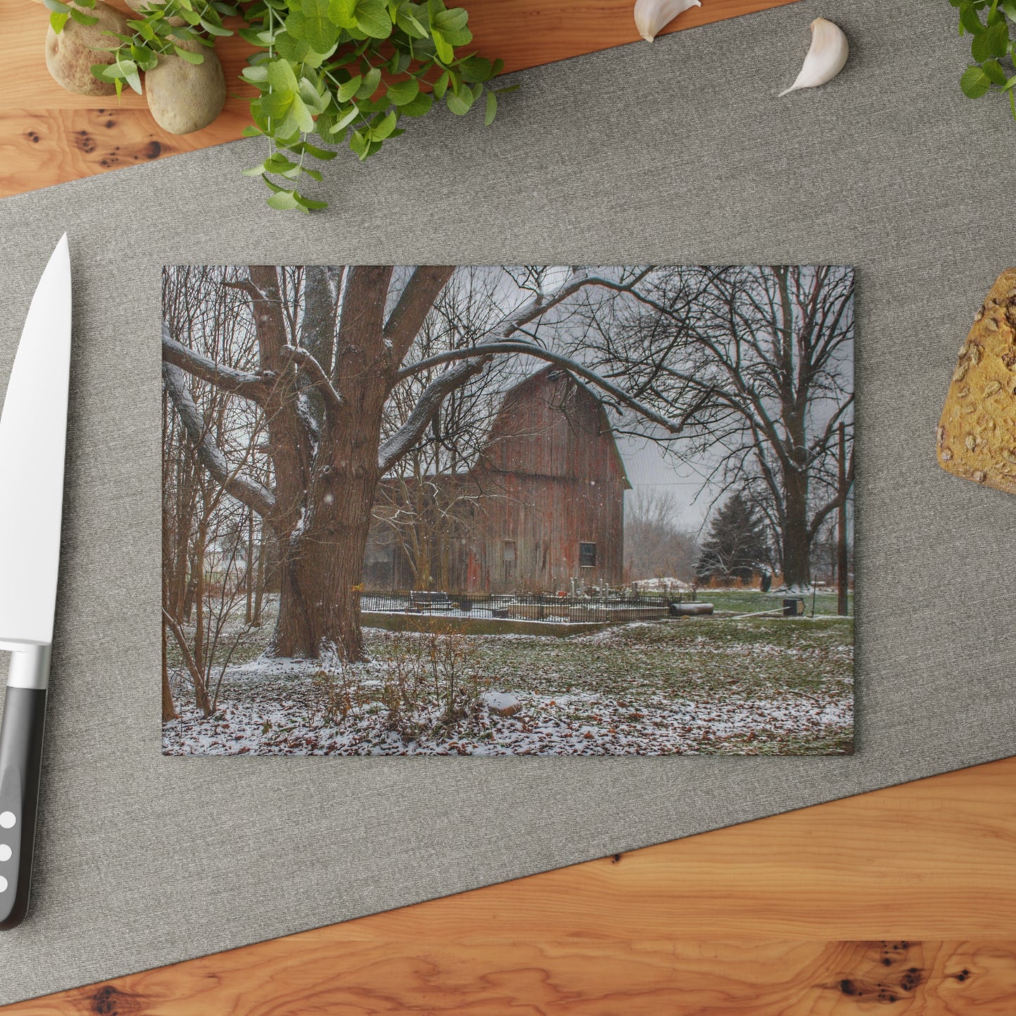 U R There Photography Bishop Road Winter Red Rustic Farmhouse Tempered-Glass Cutting Board