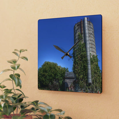U R There Photography Bordman Road Old Grey and Silo I Rustic Farmhouse Acrylic Analog Wall Clock