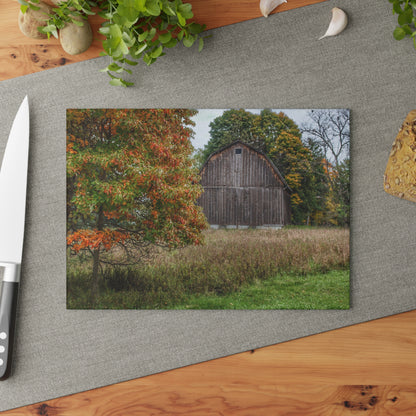 U R There Photography Mount Morris Road Grey in the Fall Rustic Farmhouse Tempered-Glass Cutting Board