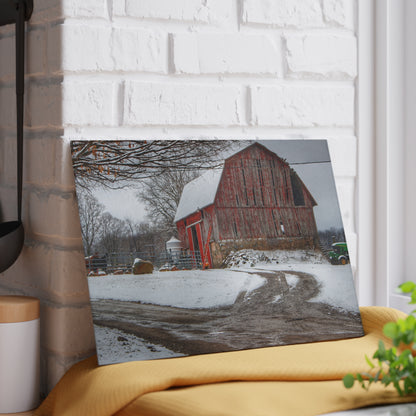 U R There Photography Marathon Road Red in Winter Rustic Farmhouse Tempered-Glass Cutting Board