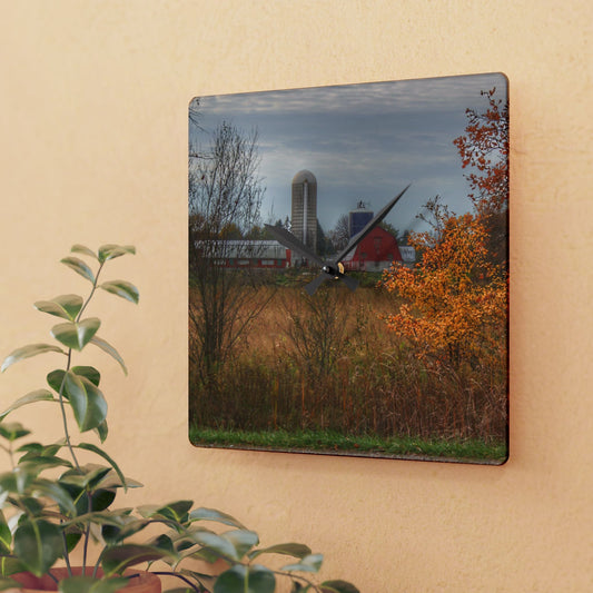 U R There Photography Vienna Road Red and Silo Rustic Farmhouse Acrylic Analog Wall Clock