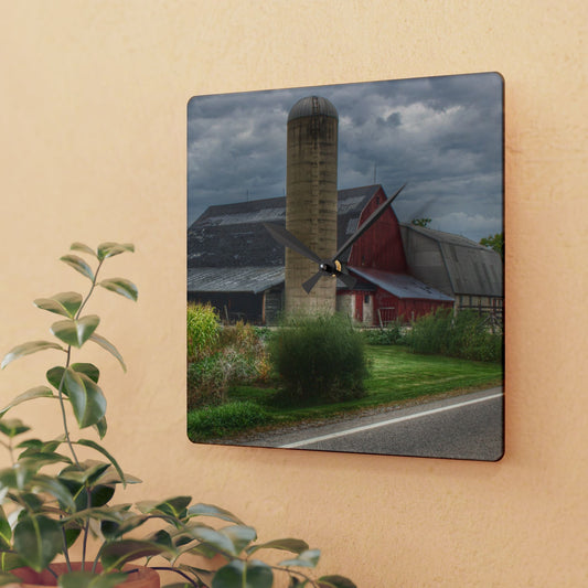 U R There Photography Lake Pleasant Road Little Red and Silo II Rustic Farmhouse Acrylic Analog Wall Clock