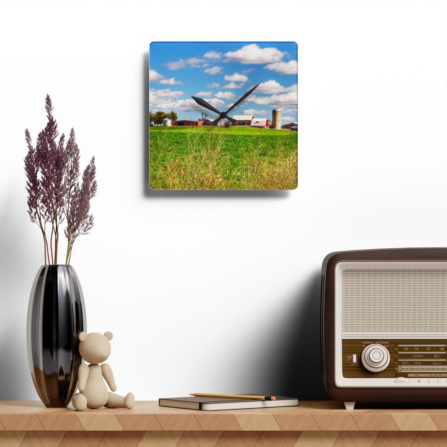 U R There Photography Pattison Road Farm Across the Field II Rustic Farmhouse Acrylic Analog Wall Clock