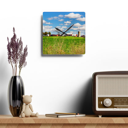 U R There Photography Pattison Road Farm Across the Field II Rustic Farmhouse Acrylic Analog Wall Clock