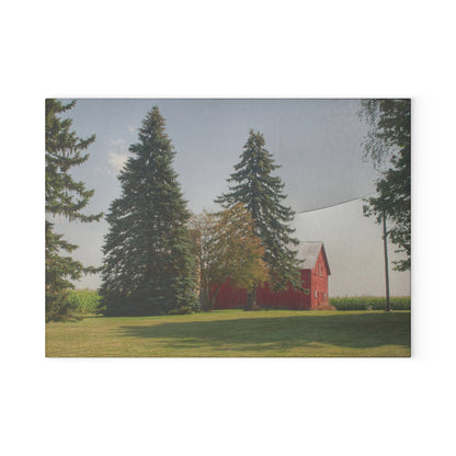 Barn Boutique Rustic Tempered-Glass Cutting Board| Small Red Barn Beneath the Pines