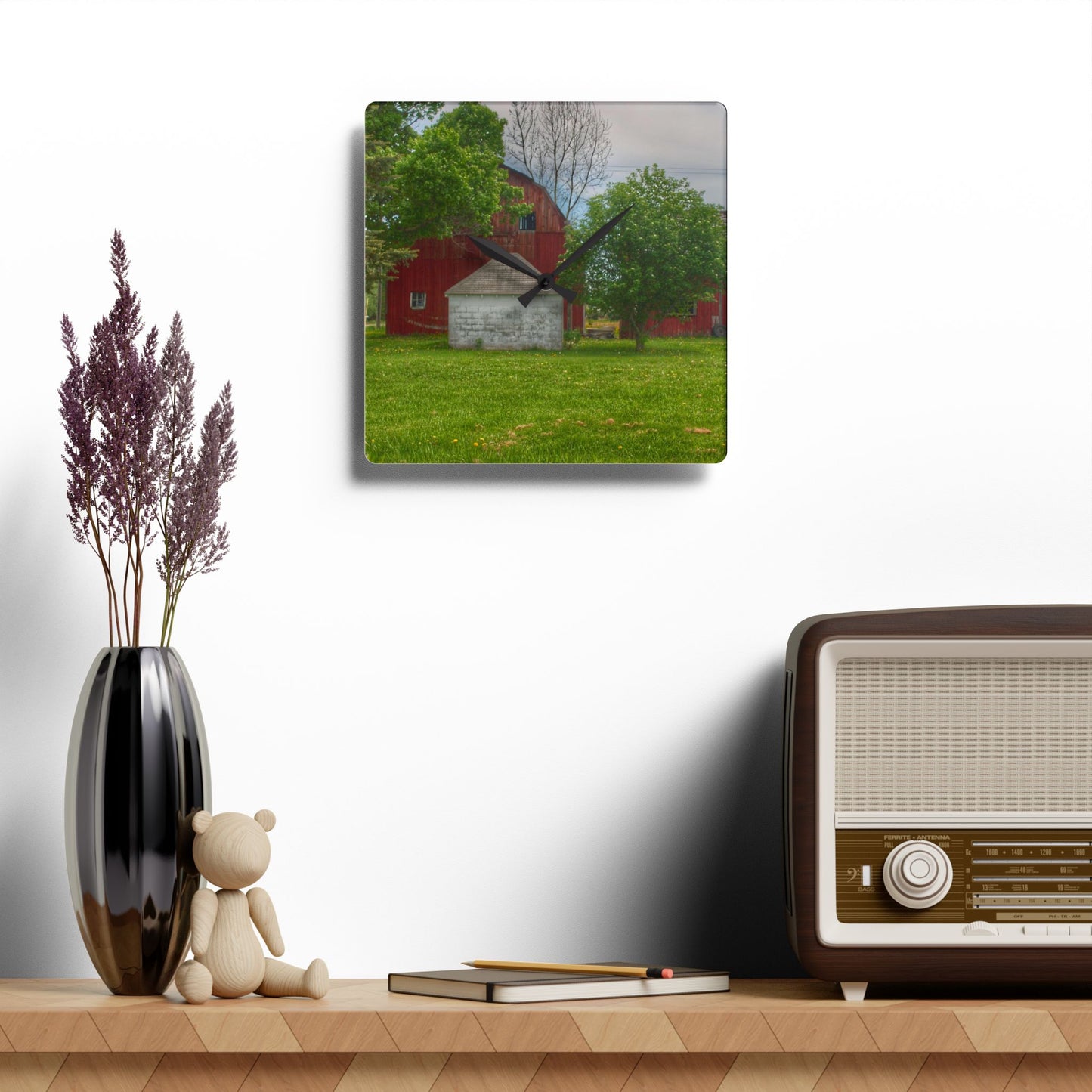 U R There Photography Roods Lake Road Red I Rustic Farmhouse Acrylic Analog Wall Clock