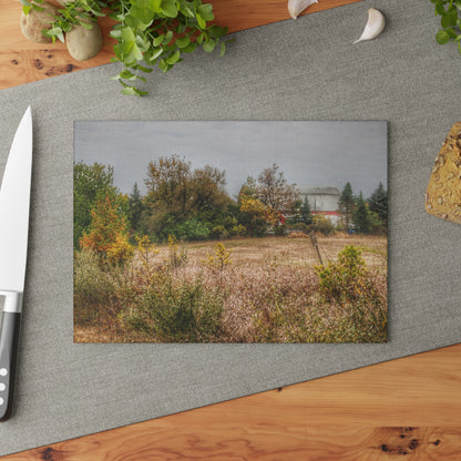 U R There Photography Hadley Road Hidden Red in Fall Rustic Farmhouse Tempered-Glass Cutting Board
