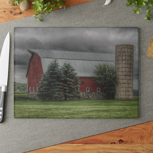 U R There Photography Clifford Road Red and Silo I Rustic Farmhouse Tempered-Glass Cutting Board