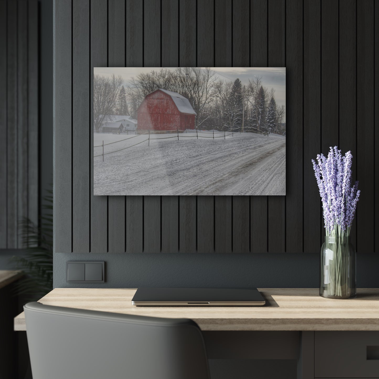 U R There Photography Phillips Road Winter Red Rustic Farmhouse Acrylic Wall Print 14 "x 11"