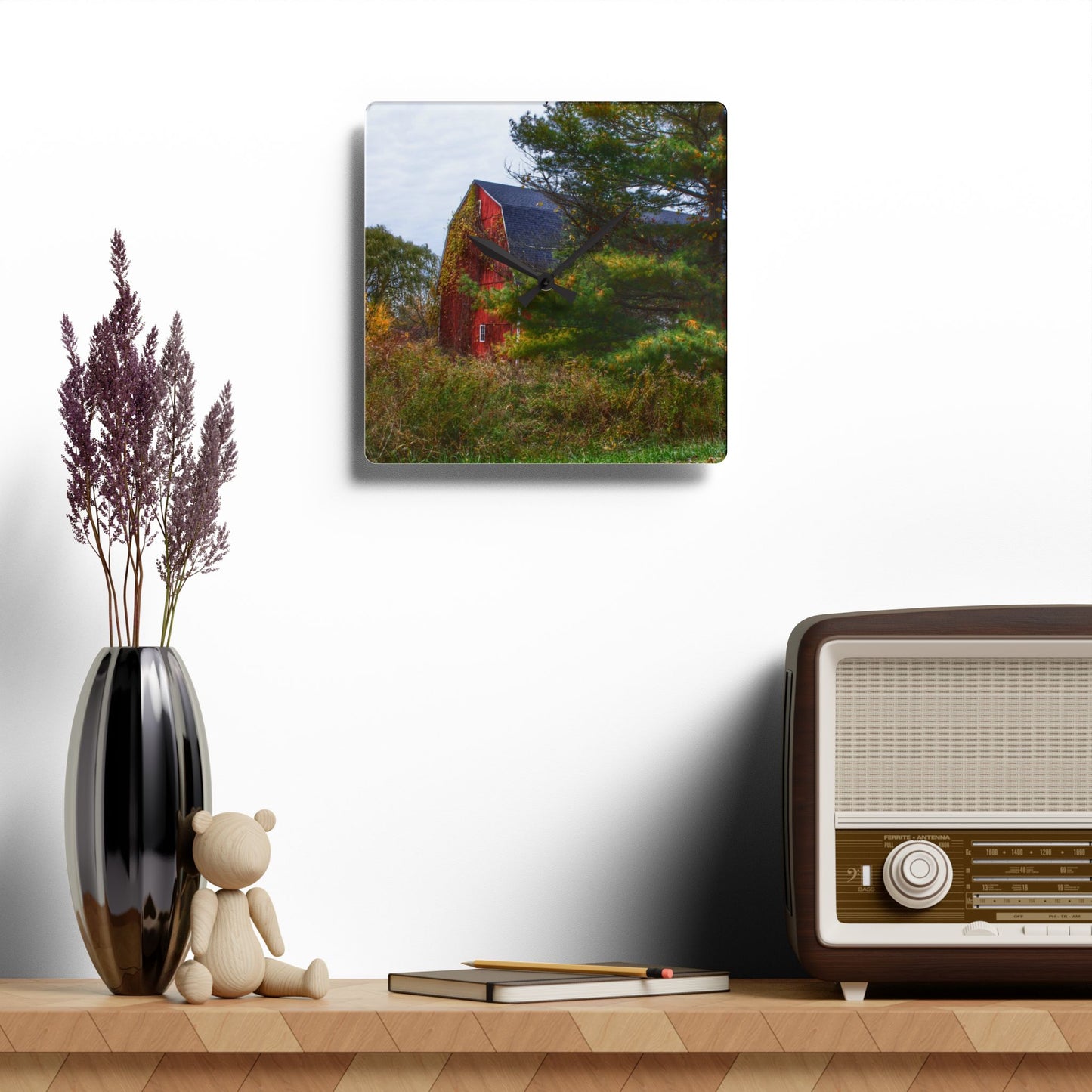 U R There Photography Green Corners Road Hidden Red Rustic Farmhouse Acrylic Analog Wall Clock