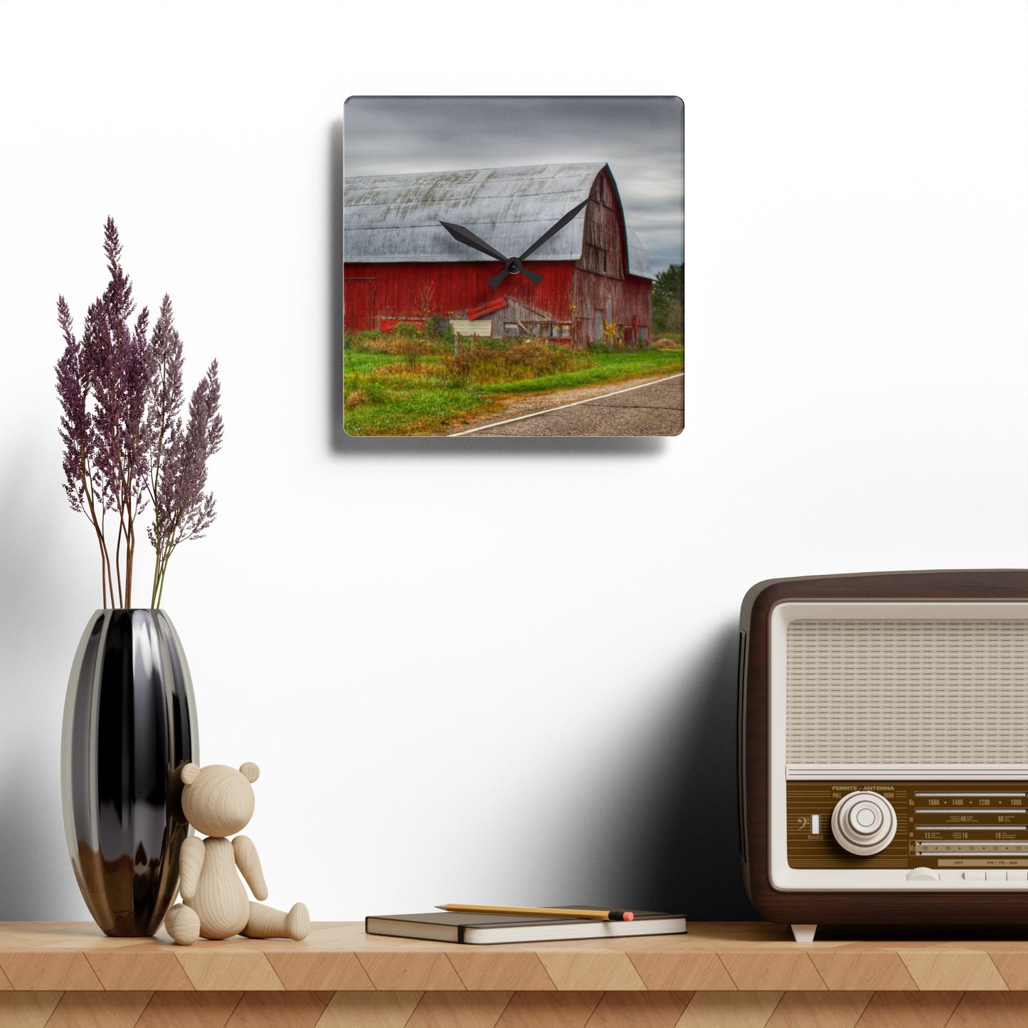 U R There Photography Valentine Road Red Saltbox Rustic Farmhouse Acrylic Analog Wall Clock