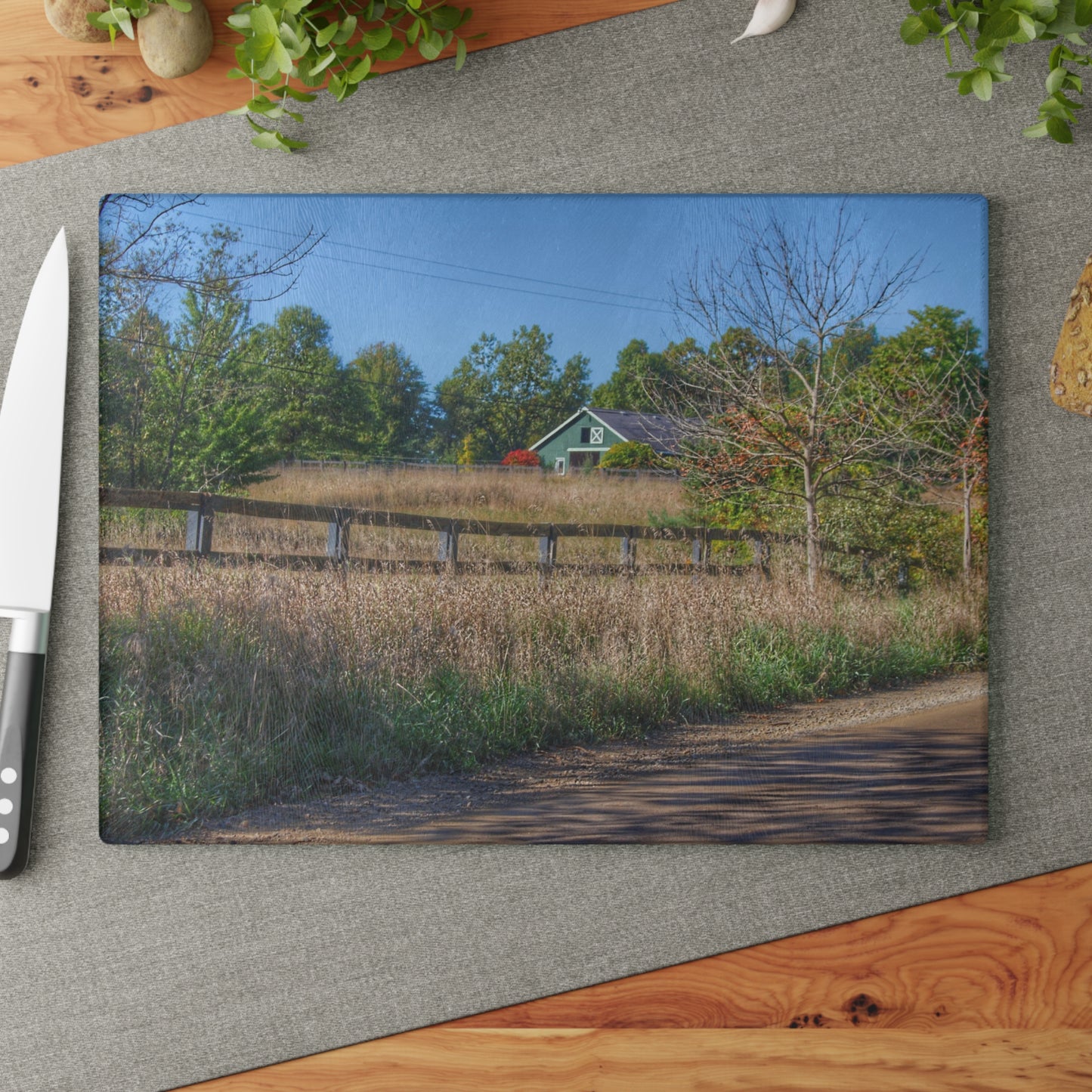 U R There Photography Oakwood Road Hidden Green Rustic Farmhouse Tempered-Glass Cutting Board