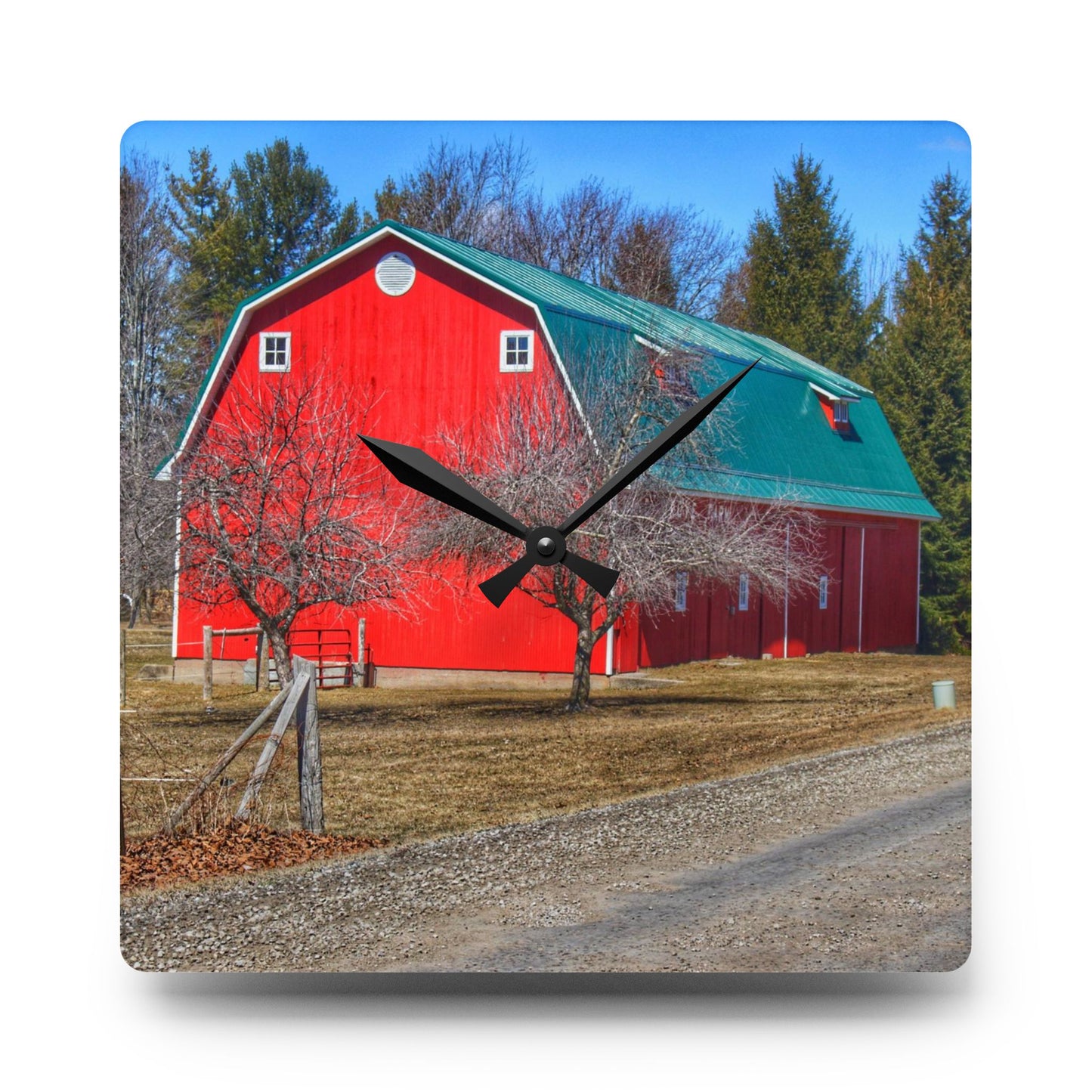 U R There Photography Campground Road Red Rustic Farmhouse Acrylic Analog Wall Clock