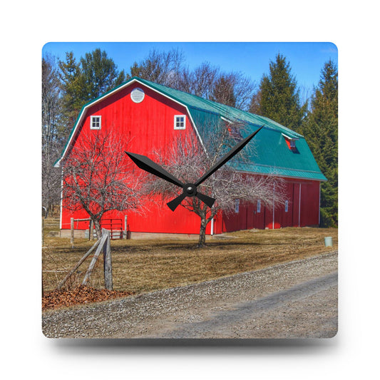 Campground Road Red Rustic Farmhouse Acrylic Analog Wall Clock 10.75'' × 10.75'' (Square)